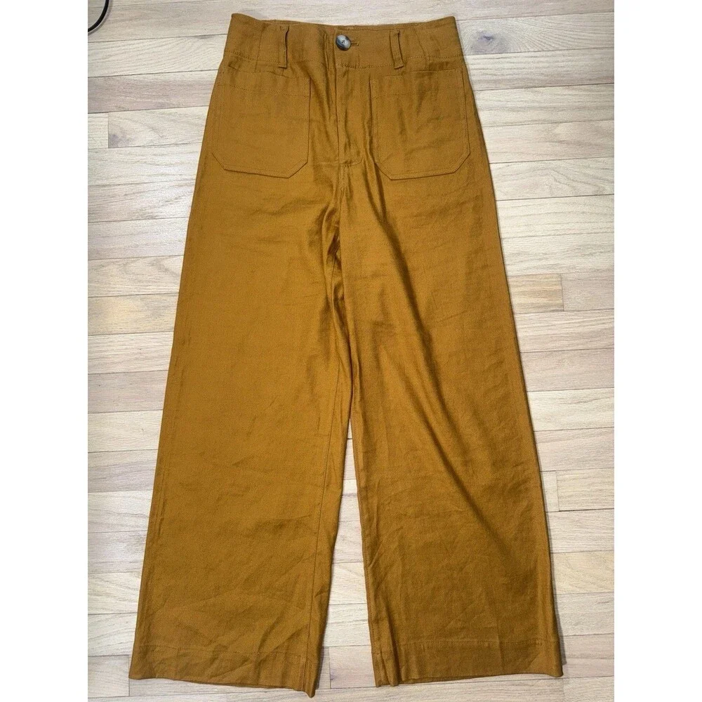 Anthropologie Maeve The Colette Linen Blend Crop Wide-Leg Pants Bronze Women 27 - Picture 1 of 8